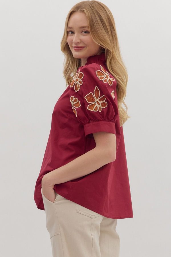 Embroidered Accent Short Puff Sleeve Burgundy