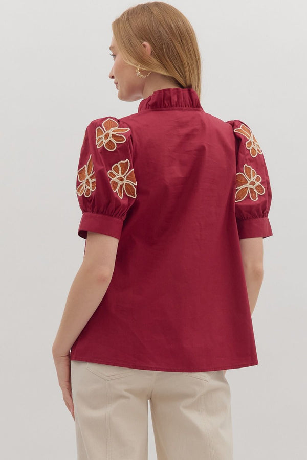 Embroidered Accent Short Puff Sleeve Burgundy