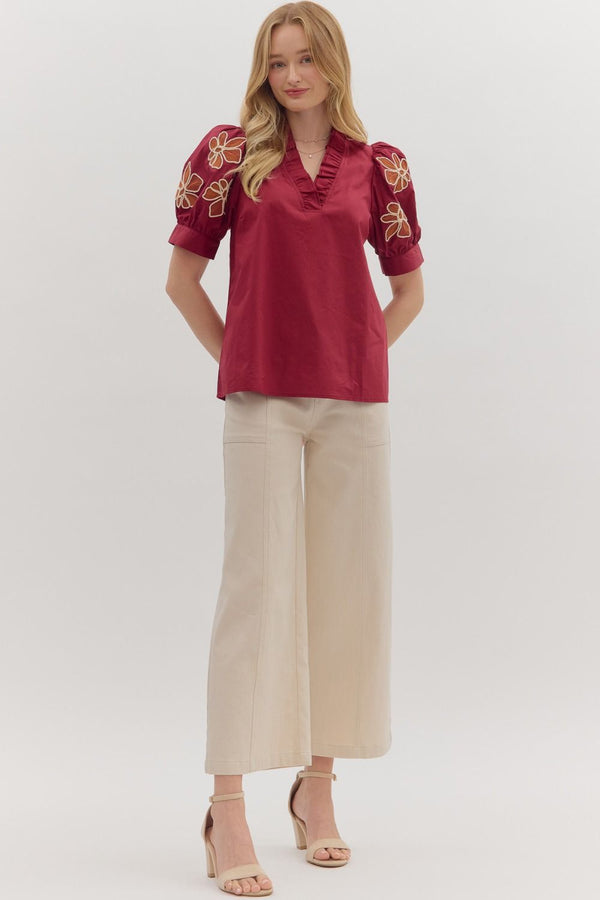 Embroidered Accent Short Puff Sleeve Burgundy