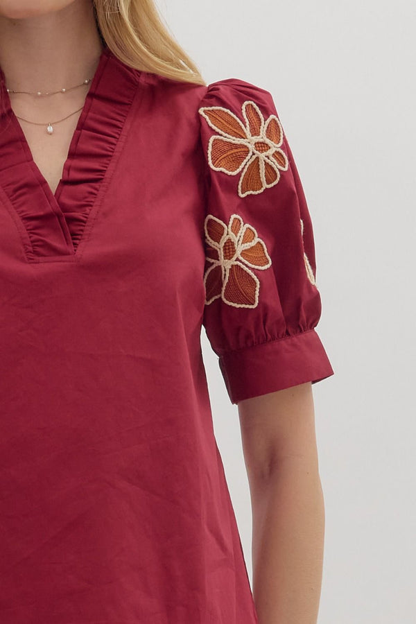 Embroidered Accent Short Puff Sleeve Burgundy