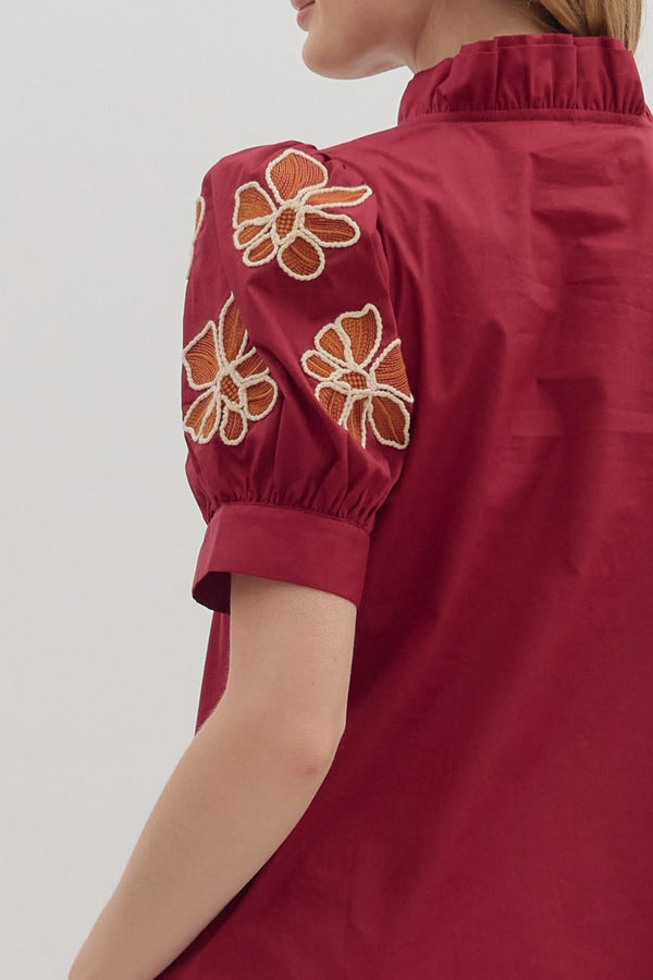 Embroidered Accent Short Puff Sleeve Burgundy