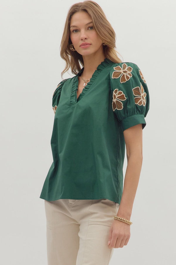 Embroidered Accent Short Puff Sleeve Green