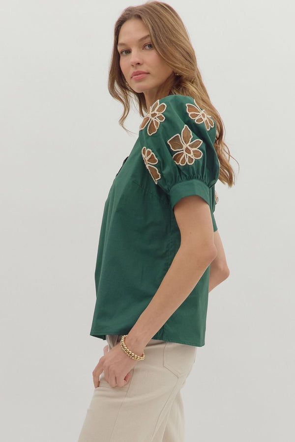 Embroidered Accent Short Puff Sleeve Green