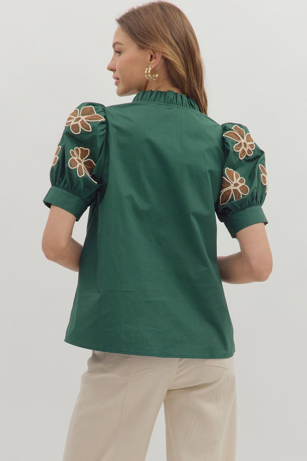 Embroidered Accent Short Puff Sleeve Green