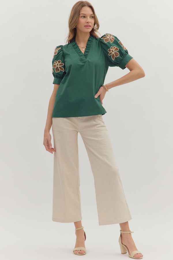 Embroidered Accent Short Puff Sleeve Green