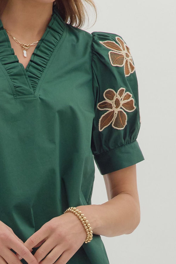 Embroidered Accent Short Puff Sleeve Green