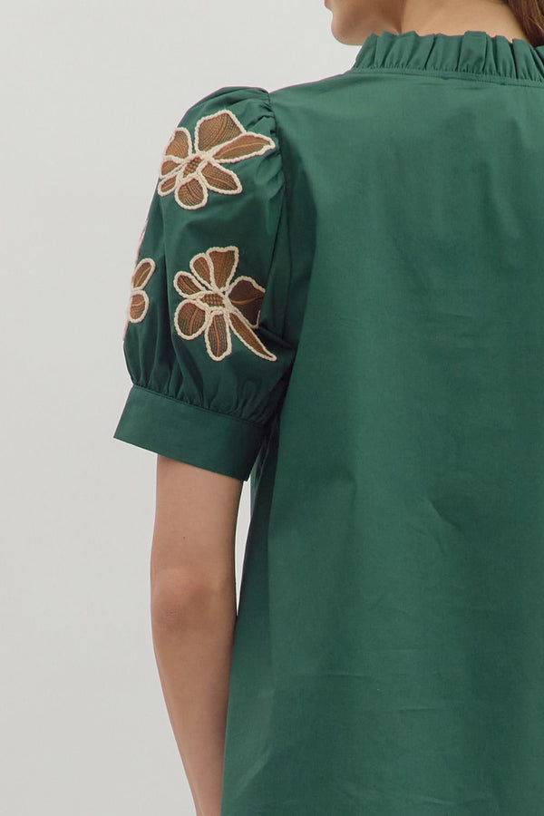 Embroidered Accent Short Puff Sleeve Green