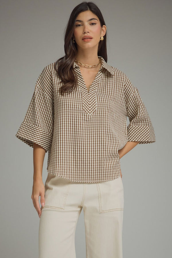 Brown Gingham 3/4 Button Cuff Sleeve Top w V-neck Collar