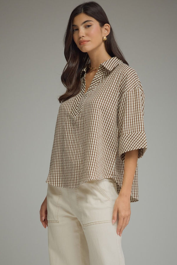 Brown Gingham 3/4 Button Cuff Sleeve Top w V-neck Collar