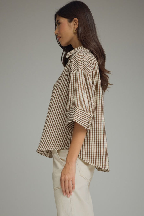 Brown Gingham 3/4 Button Cuff Sleeve Top w V-neck Collar