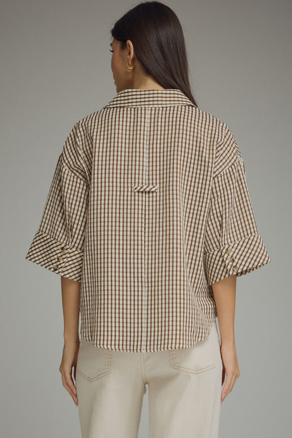 Brown Gingham 3/4 Button Cuff Sleeve Top w V-neck Collar