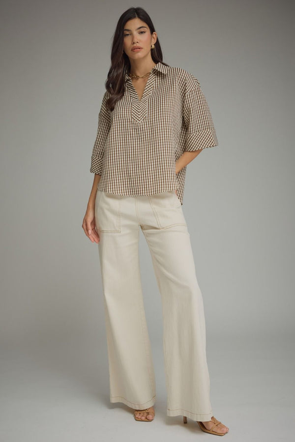 Brown Gingham 3/4 Button Cuff Sleeve Top w V-neck Collar