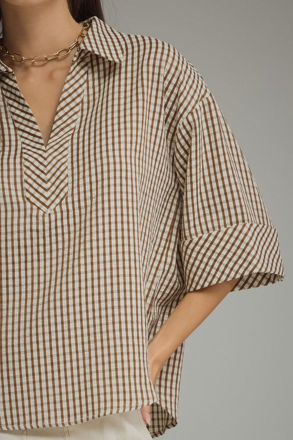 Brown Gingham 3/4 Button Cuff Sleeve Top w V-neck Collar