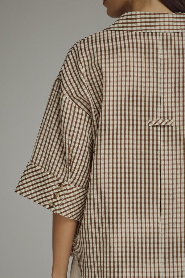 Brown Gingham 3/4 Button Cuff Sleeve Top w V-neck Collar