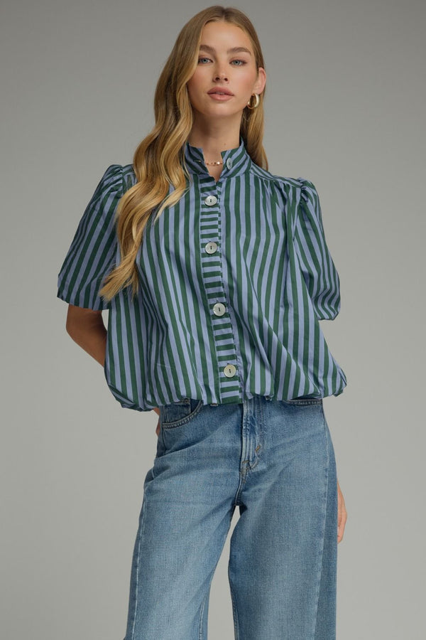 Green & Blue Stripe Short Puff Sleeve Top