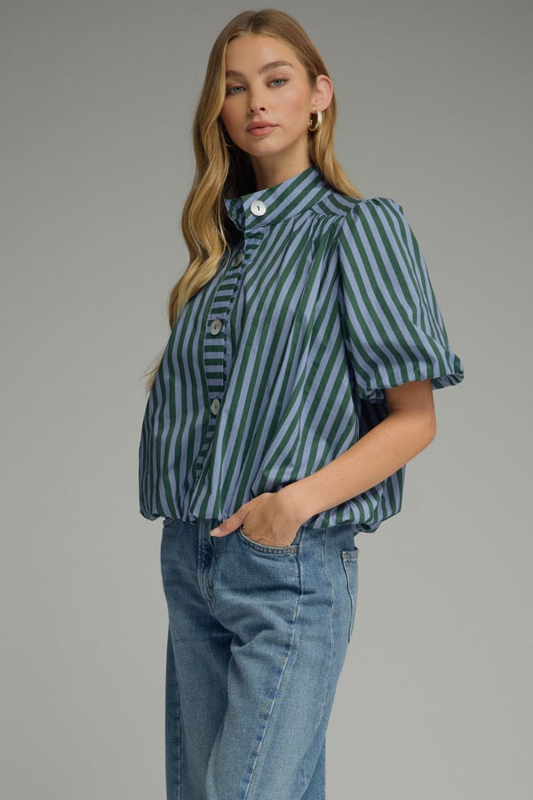 Green & Blue Stripe Short Puff Sleeve Top