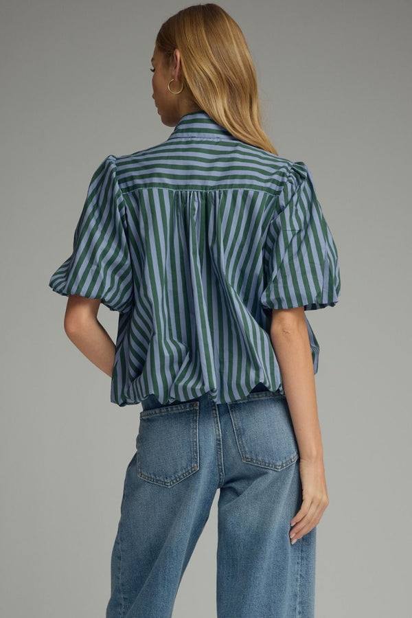 Green & Blue Stripe Short Puff Sleeve Top