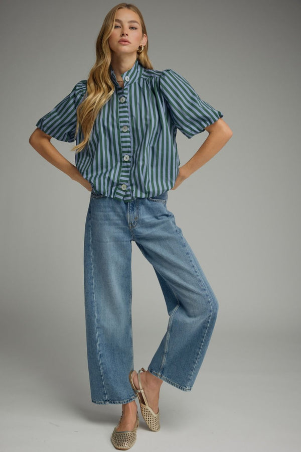 Green & Blue Stripe Short Puff Sleeve Top