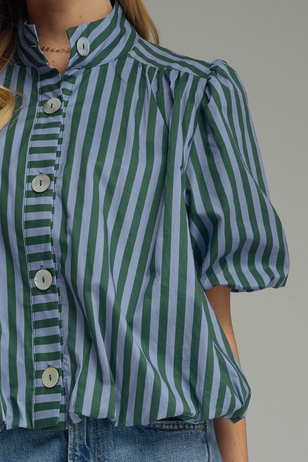 Green & Blue Stripe Short Puff Sleeve Top