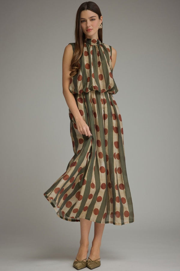 Olive Polka Dot Sleeveless Midi Dress w High Neck & Elastic Waist