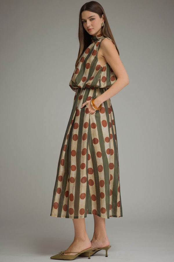 Olive Polka Dot Sleeveless Midi Dress w High Neck & Elastic Waist