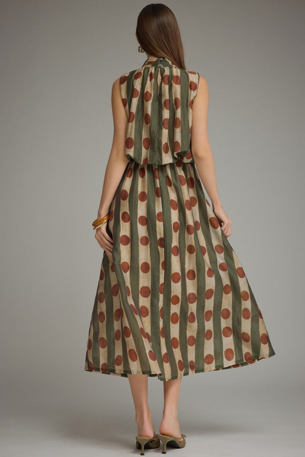 Olive Polka Dot Sleeveless Midi Dress w High Neck & Elastic Waist