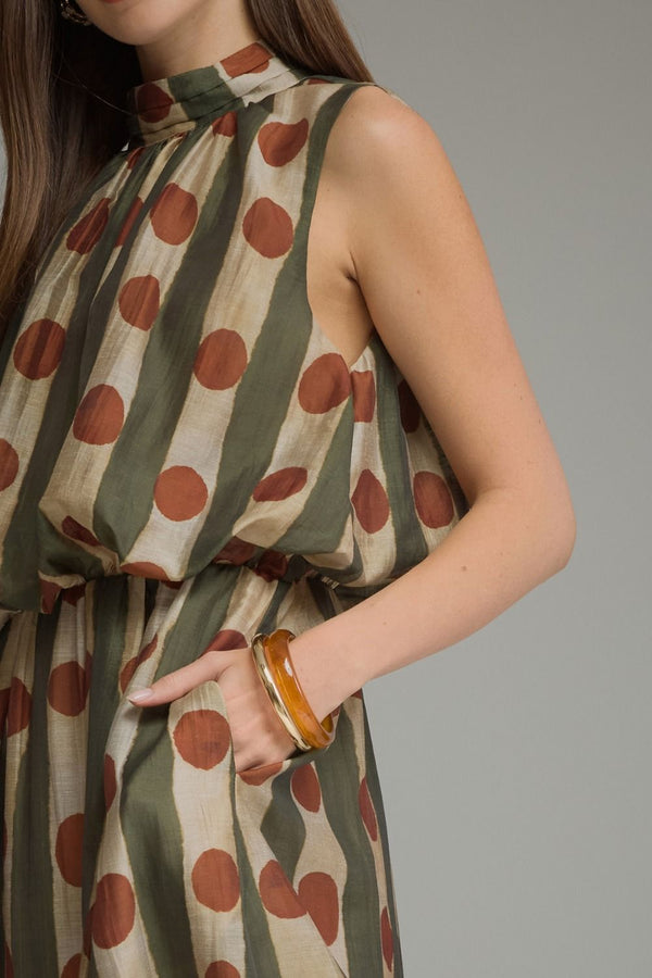 Olive Polka Dot Sleeveless Midi Dress w High Neck & Elastic Waist