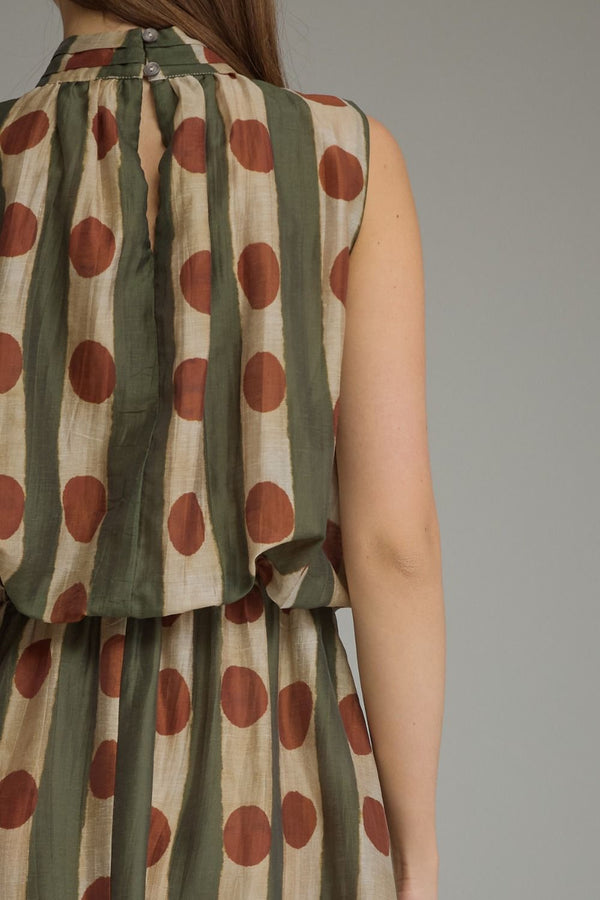 Olive Polka Dot Sleeveless Midi Dress w High Neck & Elastic Waist