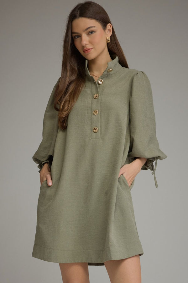 Olive Solid Balloon Sleeve Mini Dress Featuring Adjustable Tie Cuffs