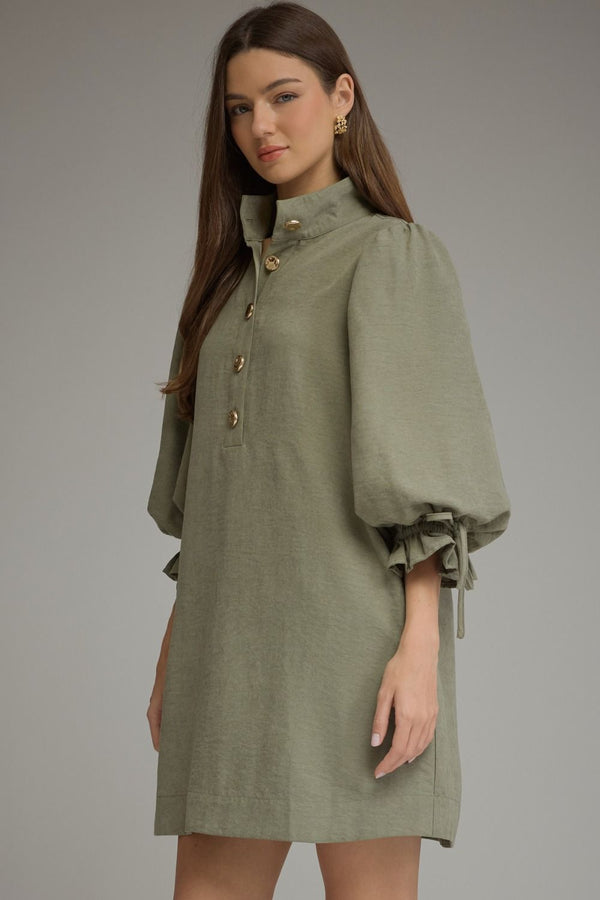 Olive Solid Balloon Sleeve Mini Dress Featuring Adjustable Tie Cuffs