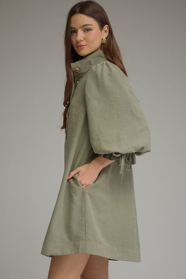 Olive Solid Balloon Sleeve Mini Dress Featuring Adjustable Tie Cuffs