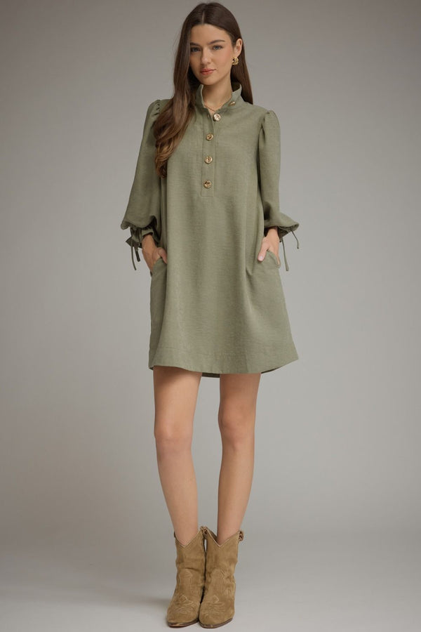 Olive Solid Balloon Sleeve Mini Dress Featuring Adjustable Tie Cuffs