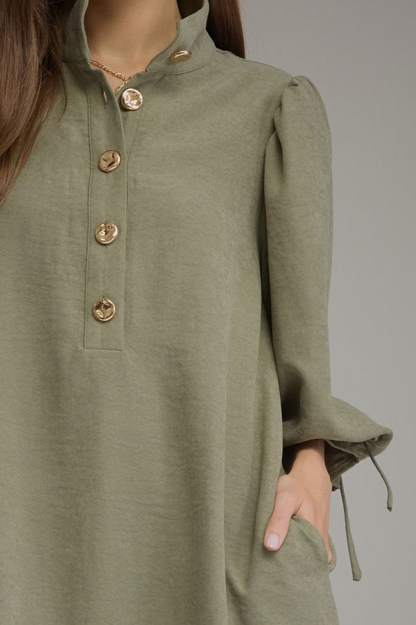 Olive Solid Balloon Sleeve Mini Dress Featuring Adjustable Tie Cuffs