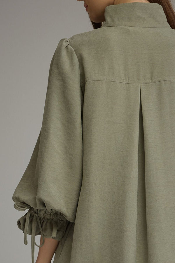 Olive Solid Balloon Sleeve Mini Dress Featuring Adjustable Tie Cuffs