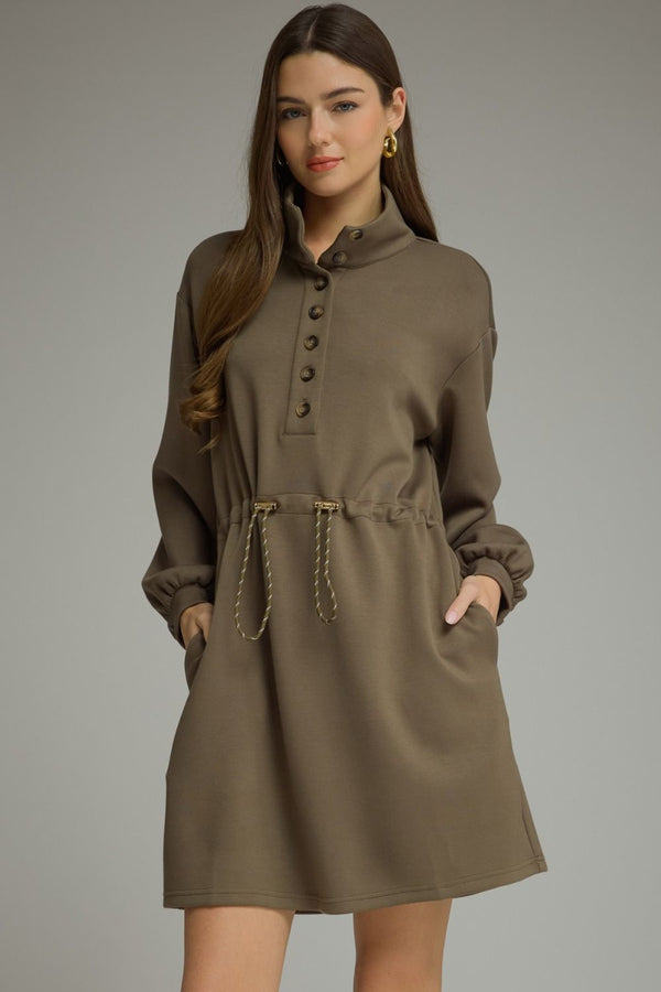Army Solid Long Balloon Sleeve Mini Dress w Drawstring Waist