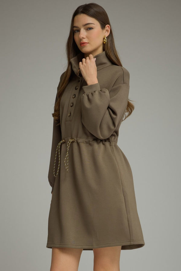 Army Solid Long Balloon Sleeve Mini Dress w Drawstring Waist