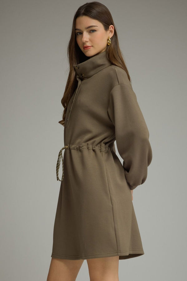 Army Solid Long Balloon Sleeve Mini Dress w Drawstring Waist
