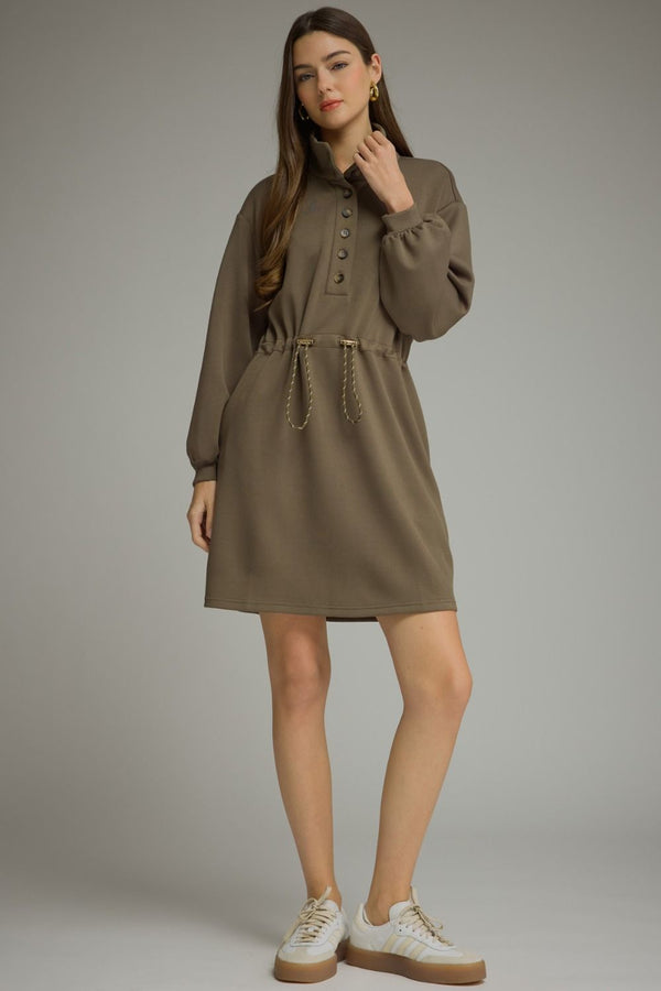 Army Solid Long Balloon Sleeve Mini Dress w Drawstring Waist