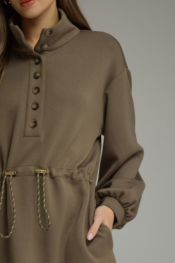 Army Solid Long Balloon Sleeve Mini Dress w Drawstring Waist