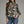 Print Ecru Long Puff Sleeve Top w High Neckline & Button Detail