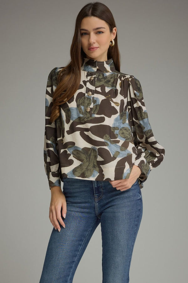 Print Ecru Long Puff Sleeve Top w High Neckline & Button Detail