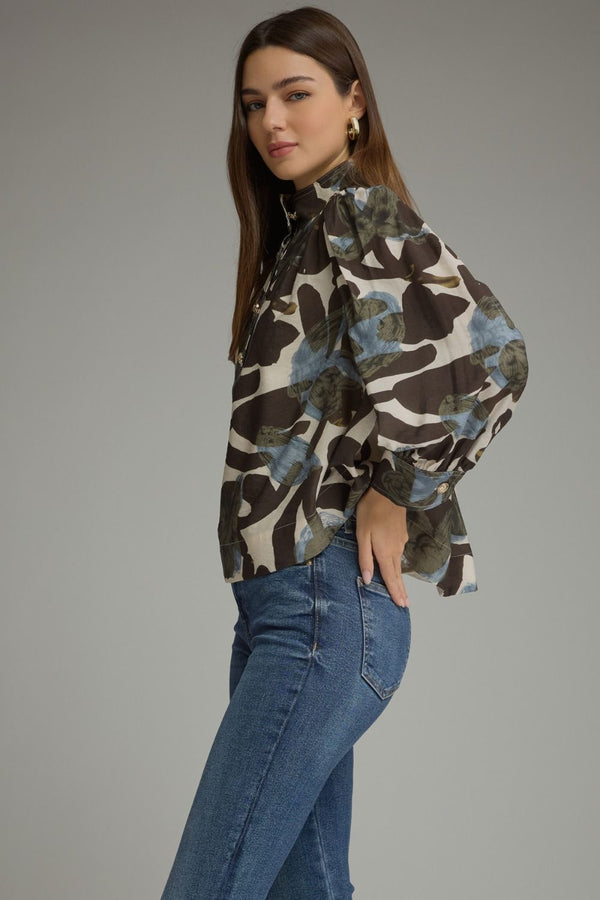 Print Ecru Long Puff Sleeve Top w High Neckline & Button Detail