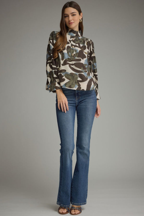 Print Ecru Long Puff Sleeve Top w High Neckline & Button Detail
