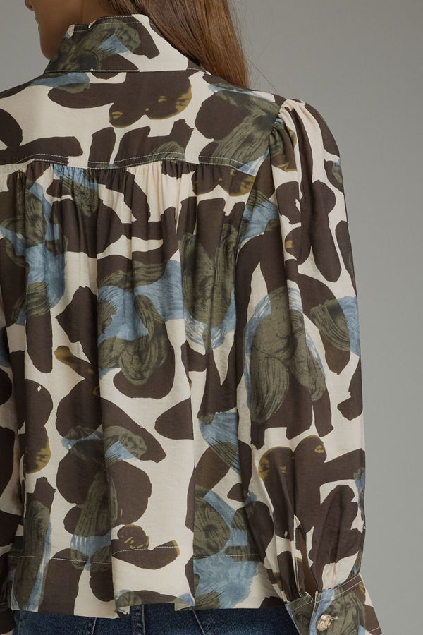 Print Ecru Long Puff Sleeve Top w High Neckline & Button Detail