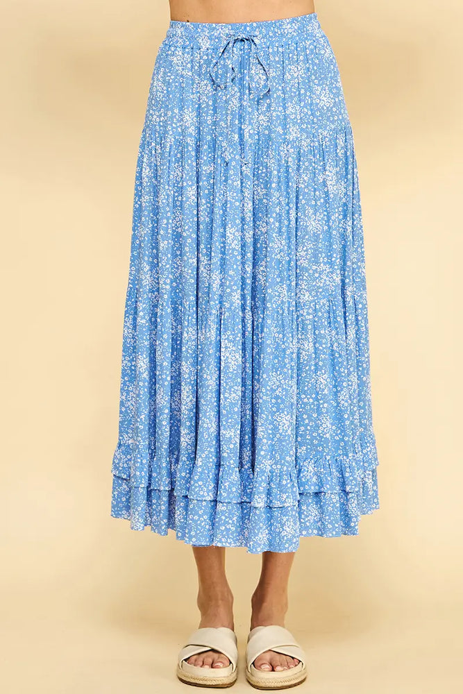 Print Tiered Maxi Skirt - Blue