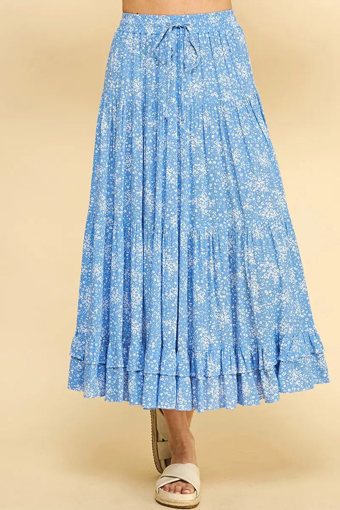 Print Tiered Maxi Skirt - Blue