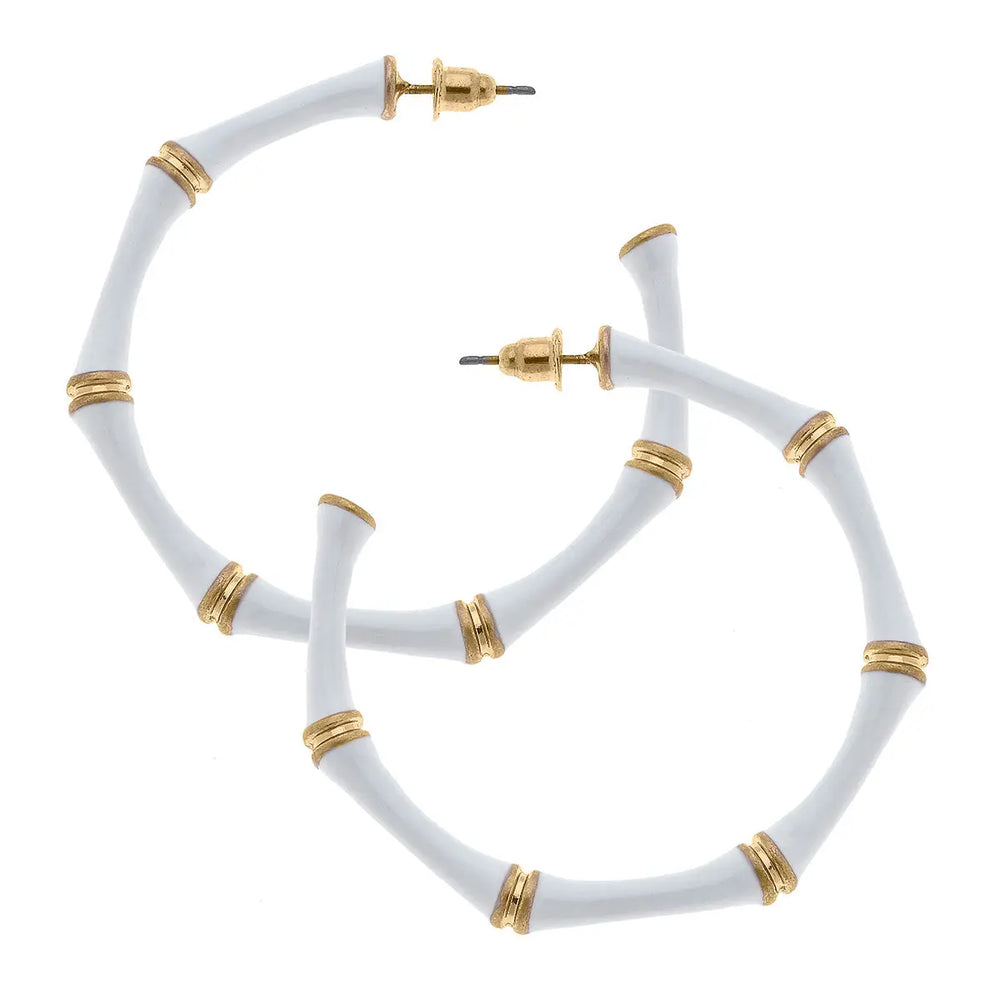 Celeste Enamel Bamboo Hoop Earrings in White