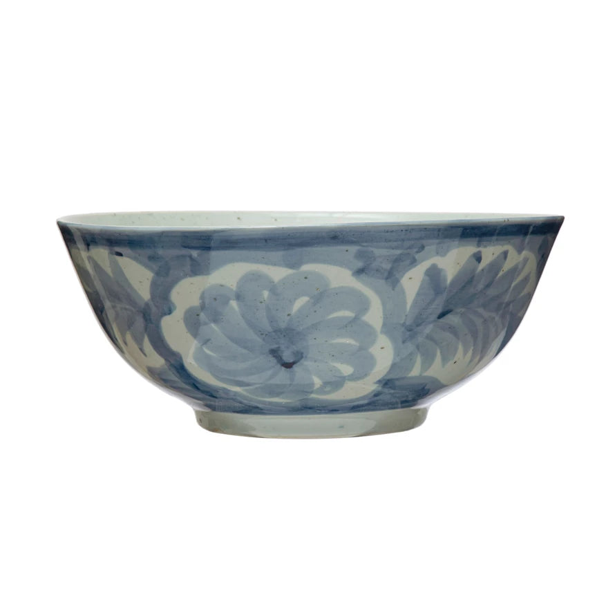 Hand-Painted Stoneware Bowl w/ Design, Blue & White