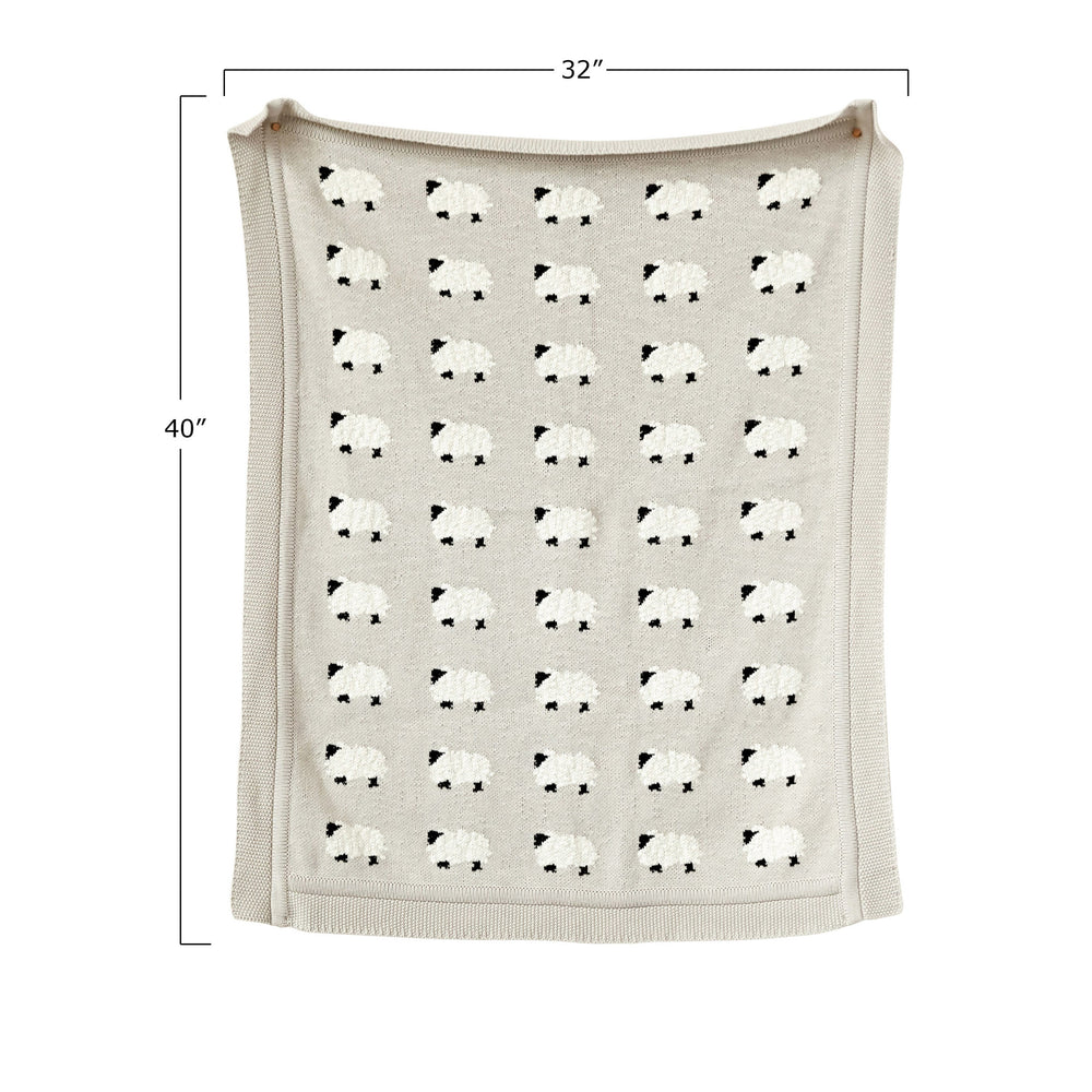 Cotton Knit Blanket w/ Sheep, Grey