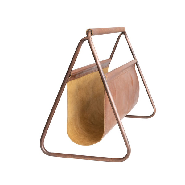 Metal & Buffalo Leather Kindling Holder, Copper Finish & Camel Color